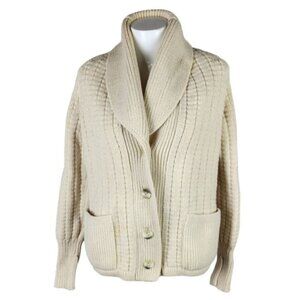 Vintage Virgin Wool Shawl Collar Cardigan Button Front Patch Pockets Cream Med